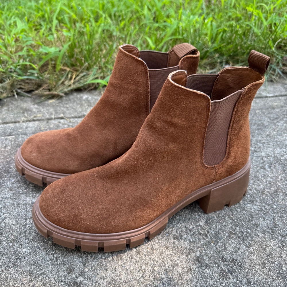 Steve Madden Howler Chelsea Boots Women 10 Brown Suede Lug Sole Block Leather